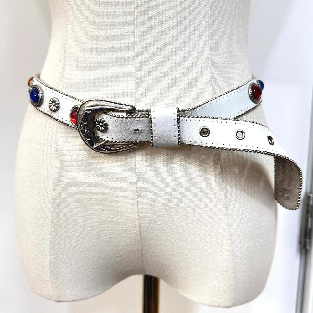 Vintage 80s Jeweled Cabochon Genuine Leather Belt M/L White Multicolor Festival